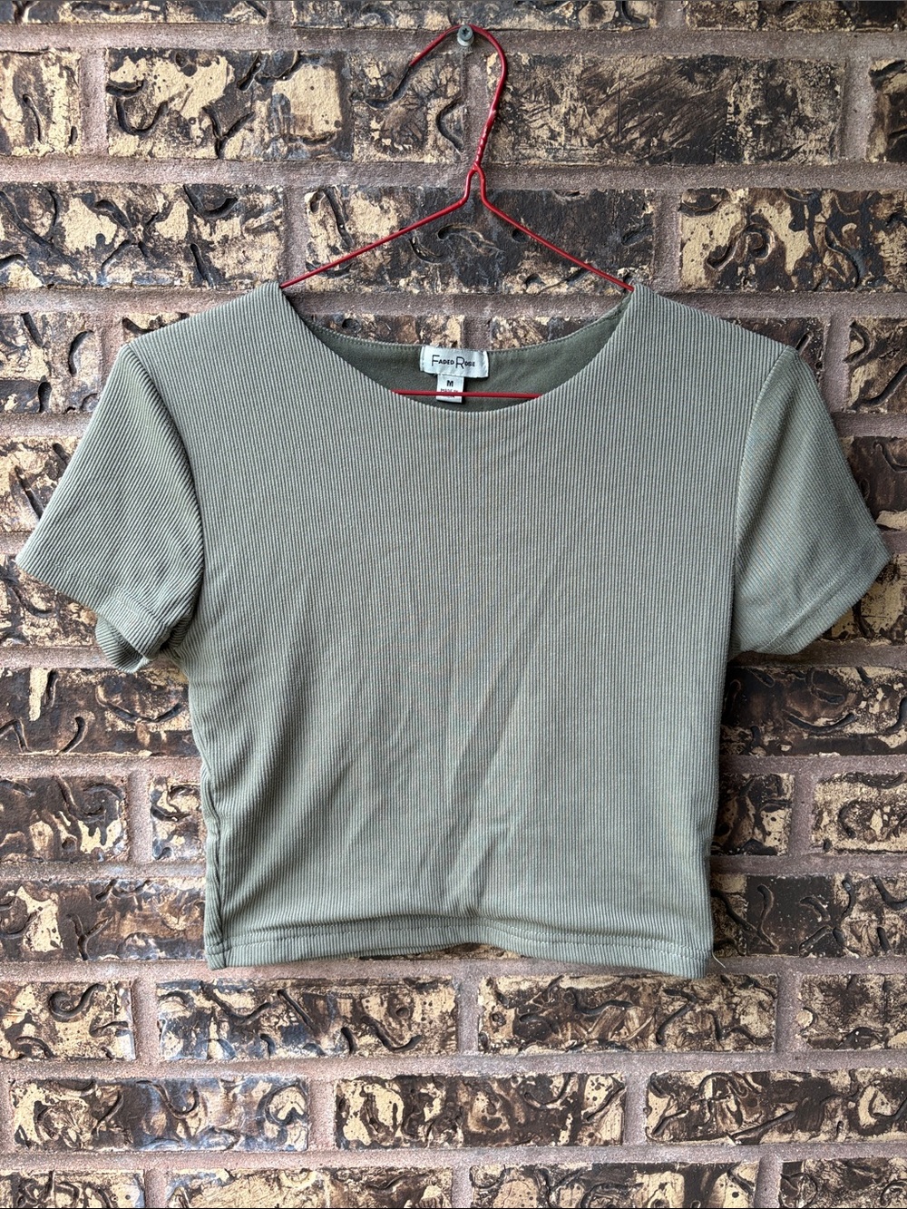🪷Faded Rose Green Ribbed Crewneck Crop Top Tshirt , M, EUC